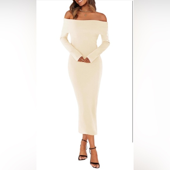 MEROKEETY Off Shoulder Bodycon Sweater Formal Long Sleeve ElegantMidi Maxi Dress - Picture 3 of 4